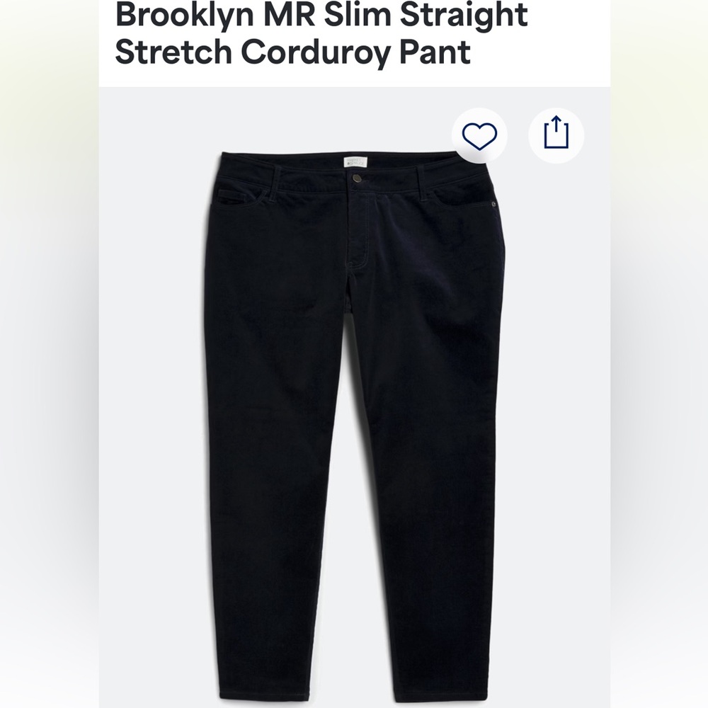 Navy blue, straight leg, stretch corduroy pants.